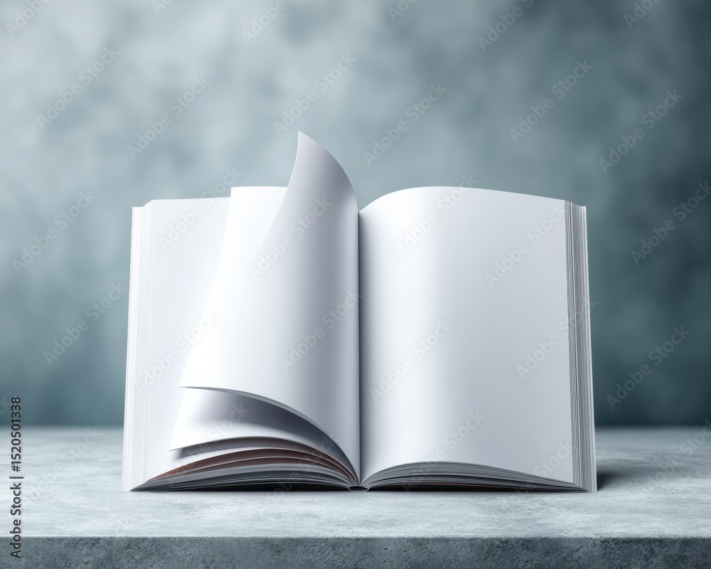 Poster Minimalist open notebook mockup with blank pages on textured surface, perfect for creative design templates, stationery branding, and modern workspace concept