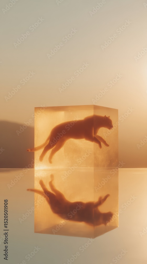 Poster Minimalist transparent cube with cat silhouette glowing inside on reflective surface representing quantum superposition and Schrodingers duality concept in physics