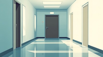 Empty corridor with doors and a polished floor.