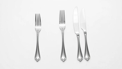 Elegant silver flatware set, gleaming on pure white background,  chrome,  isolated