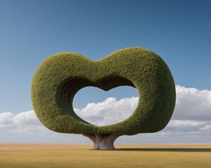 Sculpted Heart-Shaped Tree in Open Meadow Under Blue Sky - Romantic Nature Symbol for Love Connection and Eco-Friendly Relationship Growth