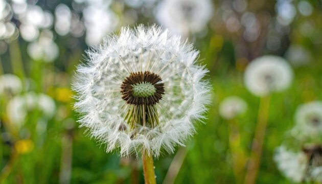 Detailed close-up of a dandelion seed head in a field of green grass