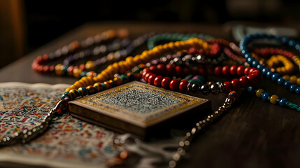 Colorful Prayer Beads And Quran On Wooden Table