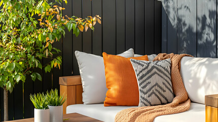 Outdoor Patio Furniture With Colorful Cushions And Cozy Blanket