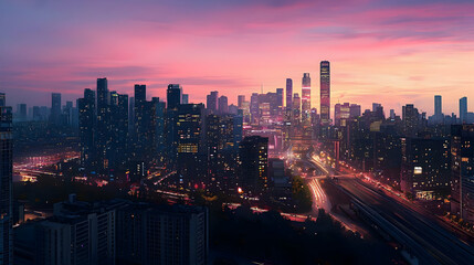 Aerial View Of Modern City At Dusk With Illuminated Skyscrapers And Traffic
