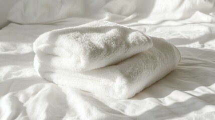 Obraz premium folded towel on laundry machine, white bedsheet background, high resolution texture, soft shadow detail