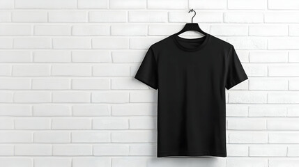 Blank Black T-Shirt Hanging On White Brick Wall