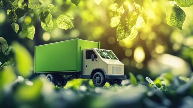 Close up of green shipping solutions for small businesses using electric delivery vehicles, biodegradable packaging, and sustainable logistics practices to reduce carbon footprints in e-commerce
