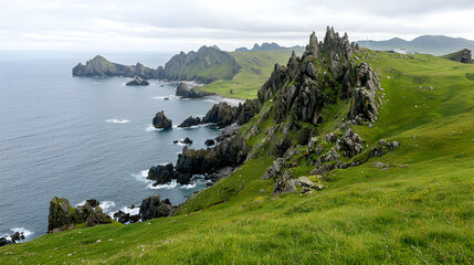 Coastal Landscape With Rocky Cliffs And Lush Grassland