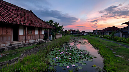 Peaceful Village Scene At Sunset With Pink Lotus Flowers
