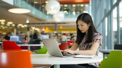 Focused young asian student studying online with laptop at university library - Powered by Adobe