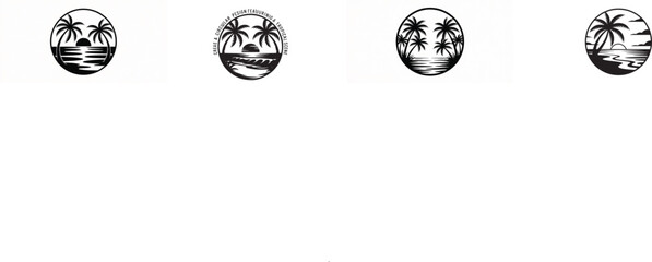 Obraz premium Tropical Sunset Icon Set – Palm Tree Beach Silhouette Vector Collection in Circular Frames