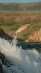 Obraz premium World Fish Migration Day Salmon Leap over Waterfall with Power and Grace Celebrating Earth Day and Spring Outdoor Adventures in Sustainable Nature