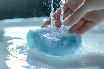 Fototapeta premium soap bar being held under water, white desk, natural lighting, truetolife color