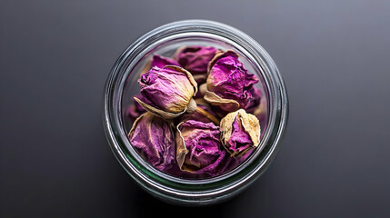 Dried Rose Buds In Glass Jar On Dark Background