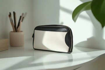 pouch unzipped on vanity, white desk, uncluttered composition, soft shadow detail
