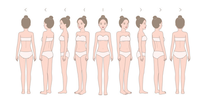 Full-length standing portrait in underwear. Nine angles figure front, 3 of 4, side, back views shape. Female body profile.
