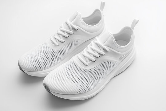 White leather running sneakers, a new pair of sport shoes isolated on a white background