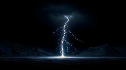 Powerful Lightning Strike Over Snowy Mountains At Night