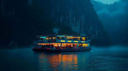 Illuminated Cruise Ship On River At Night