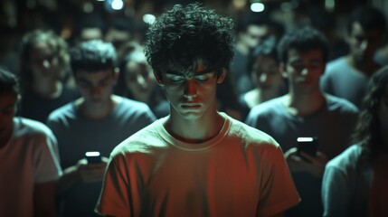 Crowd group of many young people looking at their smartphones, generation z technology addiction social media internet scrolling.