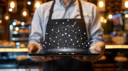 Waiter hand holding an empty digital tablet with smart city and 5G network wireless systems and internet of things 