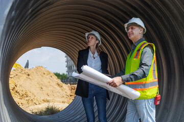 Two construction professionals in safety gear crouch inside a large drainage pipe, reviewing blueprints and discussing plans with excavation work and dirt piles visible outside the tunnel.