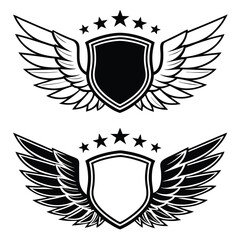 Winged shield emblems with stars black and white vector graphics set.