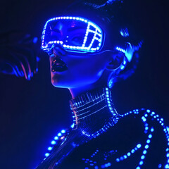 Woman in futuristic costume. Female in modern VR glasses interacting with network while having virtual reality experience. Augmented reality game, future technology, AI concept. VR. Neon blue light.