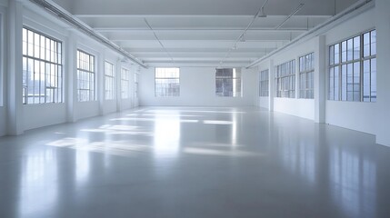 Empty white industrial space with large windows.