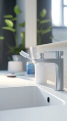toothbrush being brushed in sink, white desk, authentic setting, truetolife color