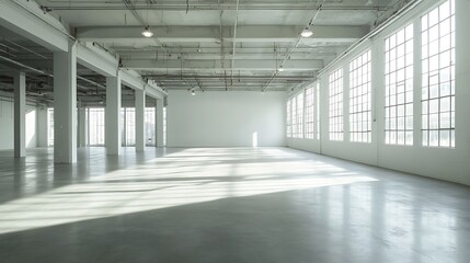 Empty, bright industrial space with large windows.