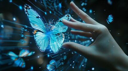 Biosensor Technology Concepts. using for New Experiences with Metaverse, Web3 and Blockchain. Hand Interacting with the Computer Graphic Surrealism Butterfly via Biosensor Tech 