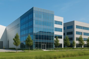 Modern Office Building with Glass Facade and Lush Green Landscaping Under Clear Blue Sky