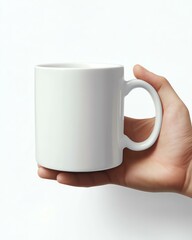 ceramic mug held by hand, pure white scene, truetolife color, authentic setting