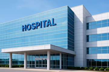 Modern Hospital Building with Large Glass Facade and Blue Signage on a Clear Day