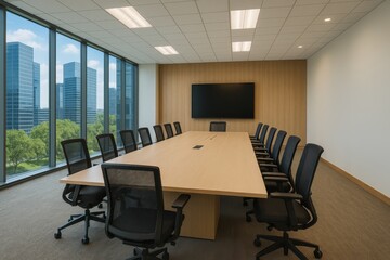 Modern conference room with large table and ergonomic chairs, surrounded by glass windows showcasing urban landscape and skyline views