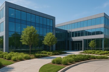 Modern Glass Office Building Surrounded by Lush Greenery and Clear Blue Skies in a Professional Landscape Setting