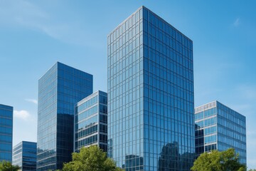 Fototapeta premium Modern Architectural Urban High-Rise Buildings with Reflective Glass Facades Against a Clear Blue Sky