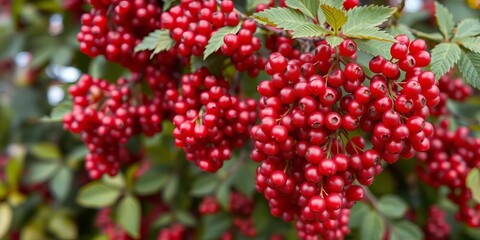 Fototapeta premium Intricate red currant berry clusters overlaid with blurred foliage, creating an abstract natural scene, composition, photo