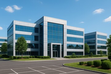 Modern Office Building Exterior with Blue Glass Windows and Green Landscaping Under Clear Sky Featuring Contemporary Architecture Design
