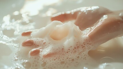 Fototapeta premium soap being pumped onto hand, white table surface, crisp product focus, high resolution texture