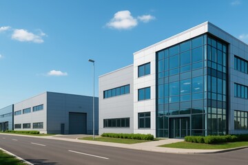 Modern Industrial Building with Glass Facade and Clear Sky, Suitable for Corporate and Business Concepts in Contemporary Architecture