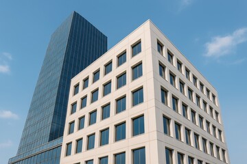 Obraz premium Modern Architectural Designs Featuring Glass and Concrete Buildings Under Clear Blue Sky