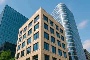 Modern Urban Architecture Featuring Unique Geometric Shapes of Office Buildings Under Clear Blue Sky