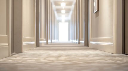 Elegant hotel hallway with patterned carpeting.