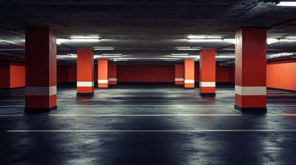 A spacious, empty parking garage with red and white columns and a glossy black floor.
