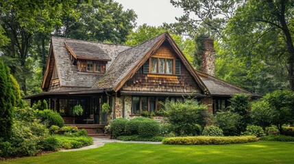 A cozy, wooden cottage with a sloped roof and a chimney, surrounded by lush green trees and bushes, with a pathway leading up to the front door.