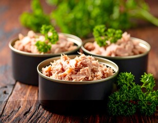Tuna in cans on a wooden surface