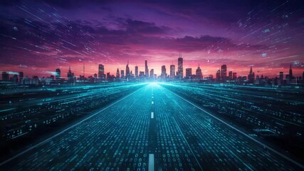 Futuristic cityscape highway with digital code trails - Powered by Adobe